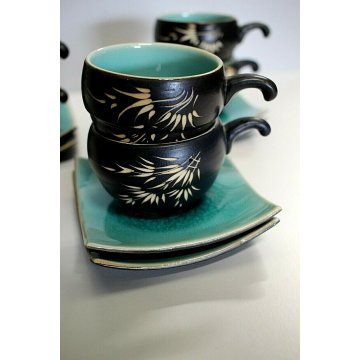 SERVIZIO TE' 6pers Giapponese CERAMICA GRES NERO SMALTO VERDE CRACLE' DESIGN 