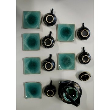 SERVIZIO TE' 6pers Giapponese CERAMICA GRES NERO SMALTO VERDE CRACLE' DESIGN 