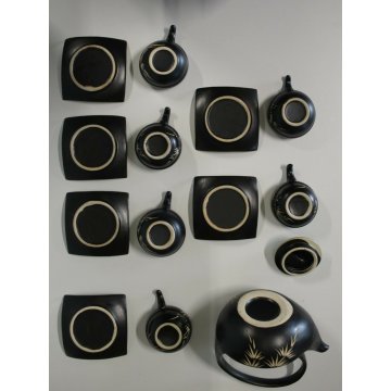 SERVIZIO TE' 6pers Giapponese CERAMICA GRES NERO SMALTO VERDE CRACLE' DESIGN 