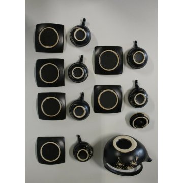 SERVIZIO TE' 6pers Giapponese CERAMICA GRES NERO SMALTO VERDE CRACLE' DESIGN 