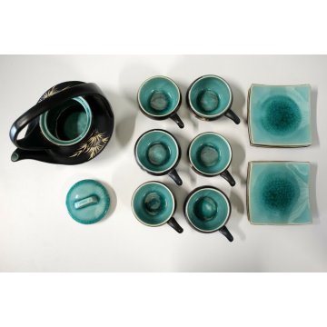 SERVIZIO TE' 6pers Giapponese CERAMICA GRES NERO SMALTO VERDE CRACLE' DESIGN 