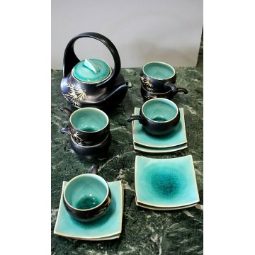 SERVIZIO TE' 6pers Giapponese CERAMICA GRES NERO SMALTO VERDE CRACLE' DESIGN 