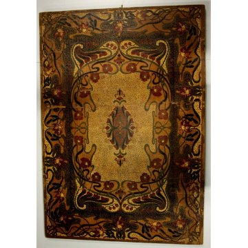 ANTICO DIPINTO OLIO su CUOIO LIBERTY FLOREALE IRIS ORCHIDEE FOGLIE MASAICO '800