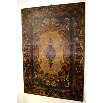 ANTICO DIPINTO OLIO su CUOIO LIBERTY FLOREALE IRIS ORCHIDEE FOGLIE MASAICO '800