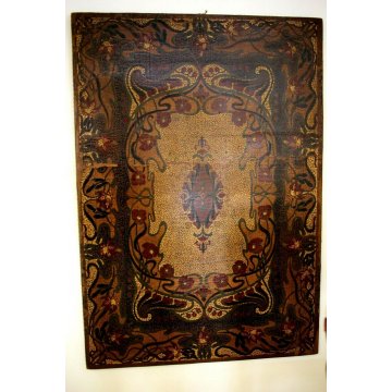 ANTICO DIPINTO OLIO su CUOIO LIBERTY FLOREALE IRIS ORCHIDEE FOGLIE MASAICO '800