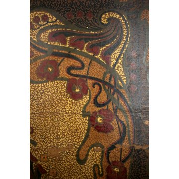 ANTICO DIPINTO OLIO su CUOIO LIBERTY FLOREALE IRIS ORCHIDEE FOGLIE MASAICO '800