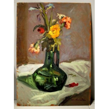 ANTICO DIPINTO OLIO TAVOLA Masaniello Luschi NATURA MORTA FIORI MACCHIAIOLO '900