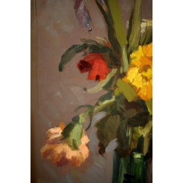 ANTICO DIPINTO OLIO TAVOLA Masaniello Luschi NATURA MORTA FIORI MACCHIAIOLO '900