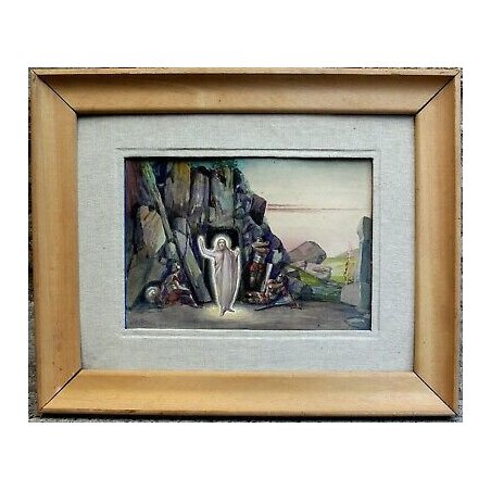 ANTICO QUADRO ACQUERELLO Carlo Bini RELIGIOSO RESURREZIONE GESU SANTO SEPOLCRO  
