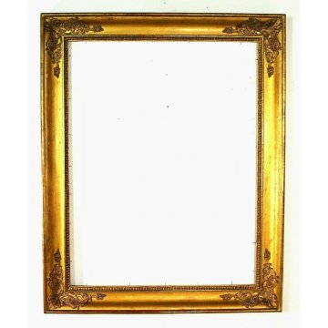 ANTICA CORNICE LEGNO SCOLPITA ORNATA GESSATA DORATA CORNUCOPIE ACANTO SCUDI '800