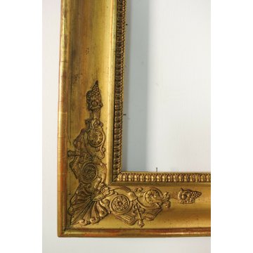 ANTICA CORNICE LEGNO SCOLPITA ORNATA GESSATA DORATA CORNUCOPIE ACANTO SCUDI '800