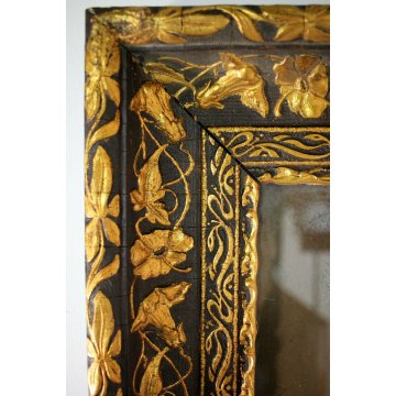 ANTICA SPECHIERA LIBERTY FLOREALE ART NOUVEAU SCOLPITA EBANIZZATA DORATA '800