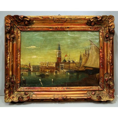 ANTICO PICCOLO QUADRO OLIO Rino Lanzi PAESAGGIO VENEZIA San MARCO LAGUNA GONDOLE