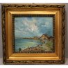 ANTICO PICCOLO QUADRO DIPINTO OLIO TAVOLA  PAESAGGIO NORDICO MARINA con FIGURA