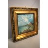 ANTICO PICCOLO QUADRO DIPINTO OLIO TAVOLA  PAESAGGIO NORDICO MARINA con FIGURA