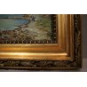 ANTICO PICCOLO QUADRO DIPINTO OLIO TAVOLA  PAESAGGIO NORDICO MARINA con FIGURA