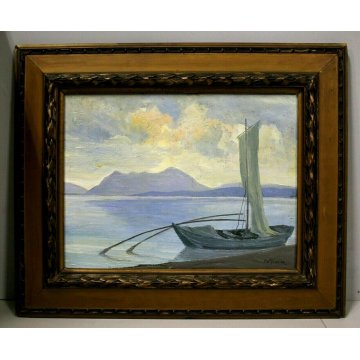  ANTICO QUADRO OLIO Del Giudice PAESAGGIO LAGO MAGGIORE BARCHE BAVENO STRESA 900