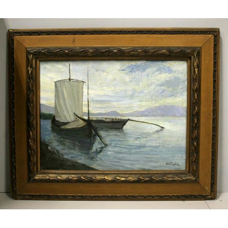  ANTICO QUADRO OLIO Del Giudice PAESAGGIO LAGO MAGGIORE BARCHE BAVENO STRESA 900