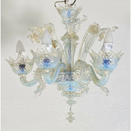 ANTICO LAMPADARIO MURANESE FOGLIE VETRO MURANO ANNI 70 LAMP CRISTALLO ORO BLU 