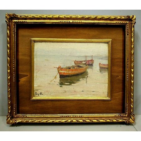 ANTICO PICCOLO QUADRO OLIO TELA CARTONE PAESAGGIO MARINA BARCHE FIRMATO '900