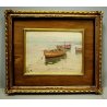 ANTICO PICCOLO QUADRO OLIO TELA CARTONE PAESAGGIO MARINA BARCHE FIRMATO '900