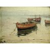 ANTICO PICCOLO QUADRO OLIO TELA CARTONE PAESAGGIO MARINA BARCHE FIRMATO '900