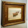 ANTICO PICCOLO QUADRO OLIO TELA CARTONE PAESAGGIO MARINA BARCHE FIRMATO '900
