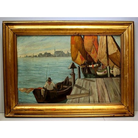 ANTICO DIPINTO OLIO TAVOLA PAESAGGIO Venezia San Marco BARCHE PESCATORI GONDOLA 