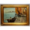 ANTICO DIPINTO OLIO TAVOLA PAESAGGIO Venezia San Marco BARCHE PESCATORI GONDOLA 