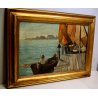 ANTICO DIPINTO OLIO TAVOLA PAESAGGIO Venezia San Marco BARCHE PESCATORI GONDOLA 