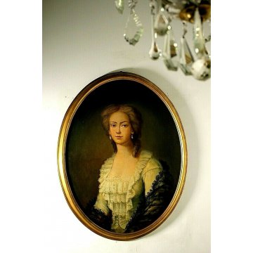 ANTICO DIPINTO OVALE OLIO RITRATTO GIOVANE NOBILDONNA CORNICE ORO '900