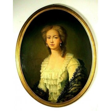 ANTICO DIPINTO OVALE OLIO RITRATTO GIOVANE NOBILDONNA CORNICE ORO '900