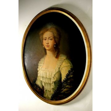 ANTICO DIPINTO OVALE OLIO RITRATTO GIOVANE NOBILDONNA CORNICE ORO '900