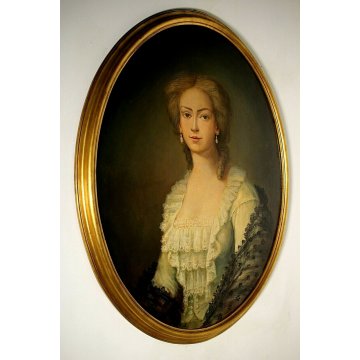 ANTICO DIPINTO OVALE OLIO RITRATTO GIOVANE NOBILDONNA CORNICE ORO '900