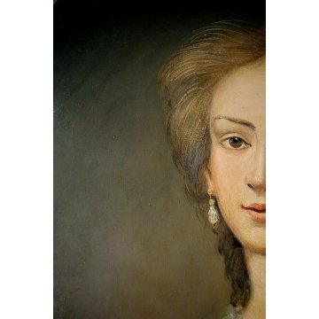 ANTICO DIPINTO OVALE OLIO RITRATTO GIOVANE NOBILDONNA CORNICE ORO '900