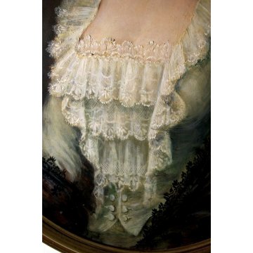 ANTICO DIPINTO OVALE OLIO RITRATTO GIOVANE NOBILDONNA CORNICE ORO '900