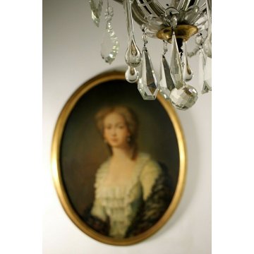 ANTICO DIPINTO OVALE OLIO RITRATTO GIOVANE NOBILDONNA CORNICE ORO '900