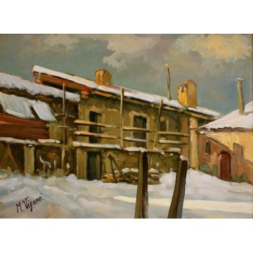 ANTICO QUADRO DIPINTO OLIO Mario Viganò PAESAGGIO INVERNALE CASCINA RUSTICO NEVE