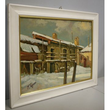 ANTICO QUADRO DIPINTO OLIO Mario Viganò PAESAGGIO INVERNALE CASCINA RUSTICO NEVE