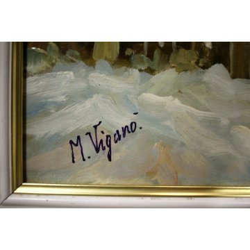 ANTICO QUADRO DIPINTO OLIO Mario Viganò PAESAGGIO INVERNALE CASCINA RUSTICO NEVE