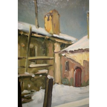ANTICO QUADRO DIPINTO OLIO Mario Viganò PAESAGGIO INVERNALE CASCINA RUSTICO NEVE
