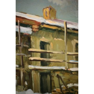 ANTICO QUADRO DIPINTO OLIO Mario Viganò PAESAGGIO INVERNALE CASCINA RUSTICO NEVE