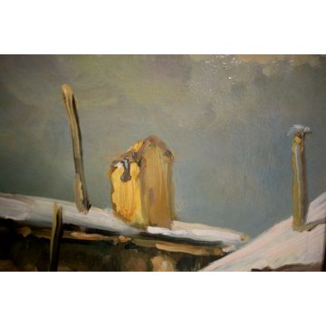 ANTICO QUADRO DIPINTO OLIO Mario Viganò PAESAGGIO INVERNALE CASCINA RUSTICO NEVE