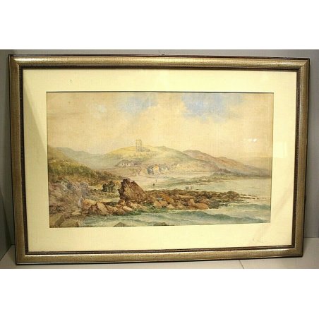 GRANDE QUADRO ACQUERELLO Rakson 1870 PAESAGGIO NORDICO COSTIERO TORRE FIGURE