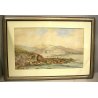 GRANDE QUADRO ACQUERELLO Rakson 1870 PAESAGGIO NORDICO COSTIERO TORRE FIGURE