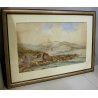 GRANDE QUADRO ACQUERELLO Rakson 1870 PAESAGGIO NORDICO COSTIERO TORRE FIGURE