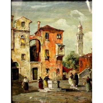 ANTICO QUADRO DIPINTO OLIO E. Zeno VEDUTA VENEZIA FIGURE CAMPO POZZO Primo '900 