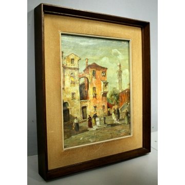 ANTICO QUADRO DIPINTO OLIO E. Zeno VEDUTA VENEZIA FIGURE CAMPO POZZO Primo '900 