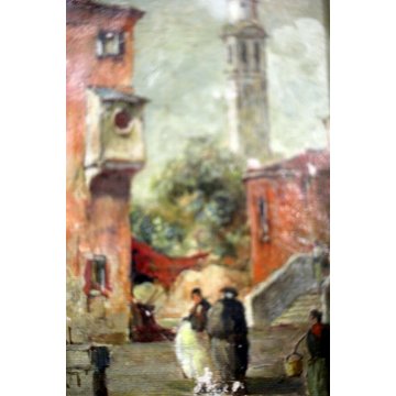ANTICO QUADRO DIPINTO OLIO E. Zeno VEDUTA VENEZIA FIGURE CAMPO POZZO Primo '900 