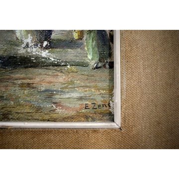 ANTICO QUADRO DIPINTO OLIO E. Zeno VEDUTA VENEZIA FIGURE CAMPO POZZO Primo '900 